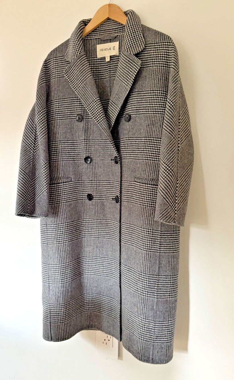ICICLE Wool Silk Luxury Houndstooth Black and White Double Faced Coat $1530 Sz 4